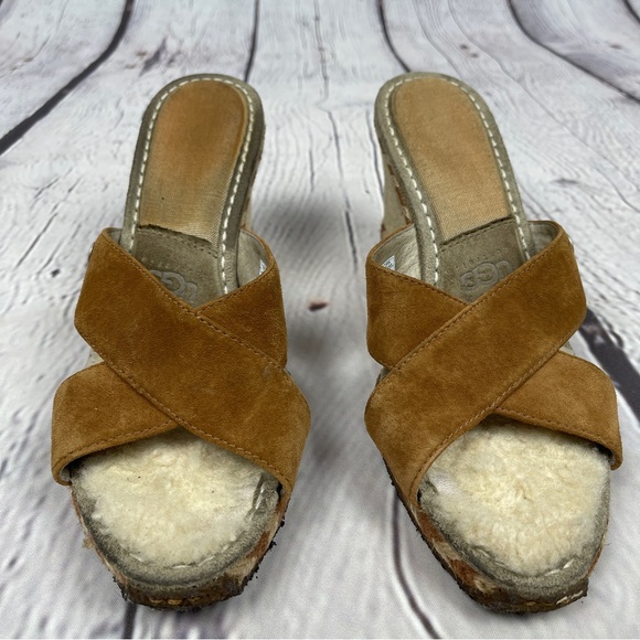 UGG Margot suede wedge sandals fur lined light brown slip on shoes, size 8 - Picture 10 of 13